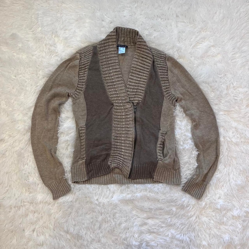 🍟Y2K Taupe Brown Mixed Knit‎ Collar Asymmetrical Zip Up Cardigan Sweater Small